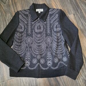 St John Collection Marie Gray Gray Metallic Floral Zip Cardigan Sweater Size 8